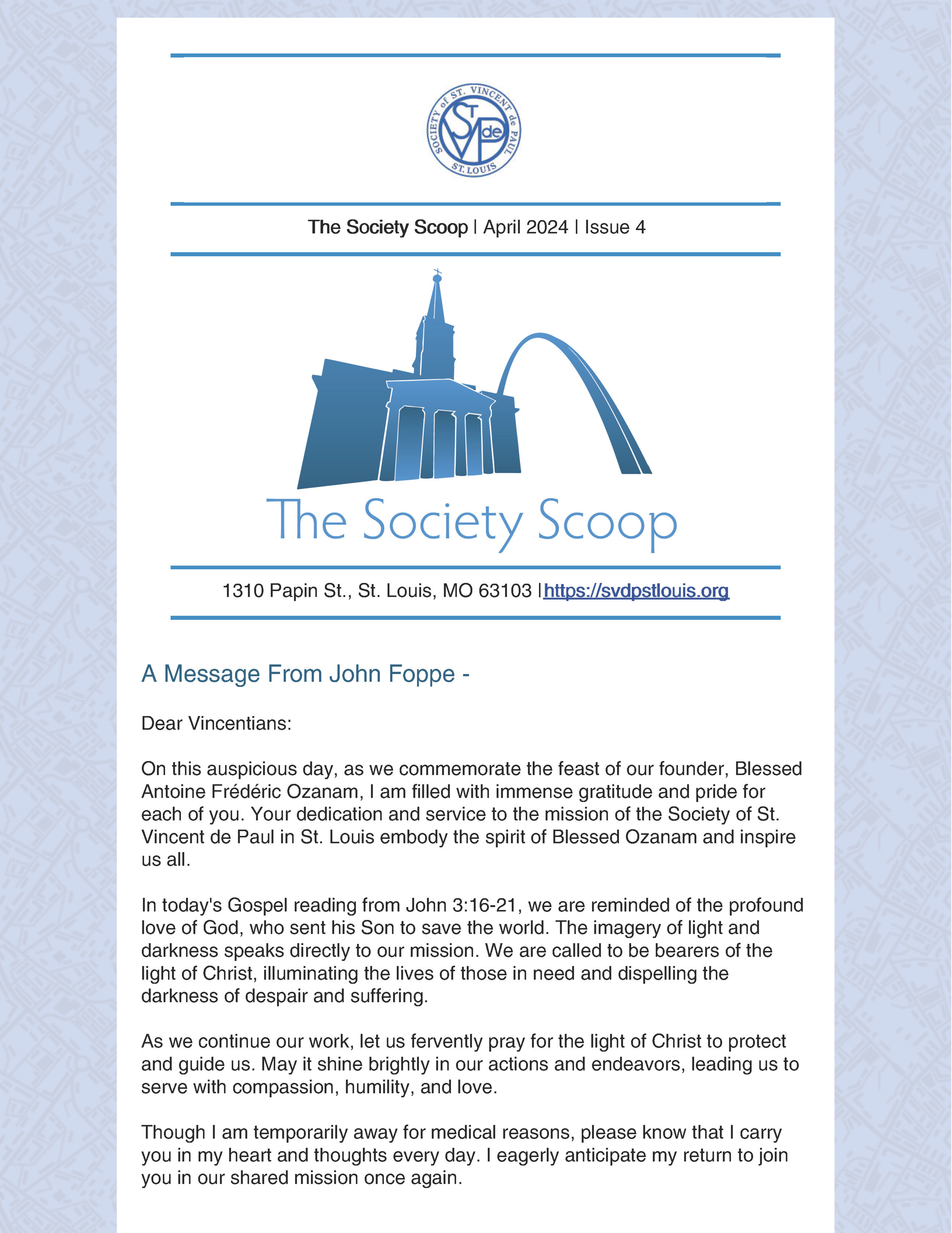 Front page of the April 2024 issue of The Society Scoop Vincentian Newsletter